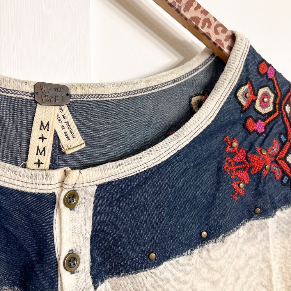 We The Free Cream and Blue Embroidered Blouse - Picture 2 of 3